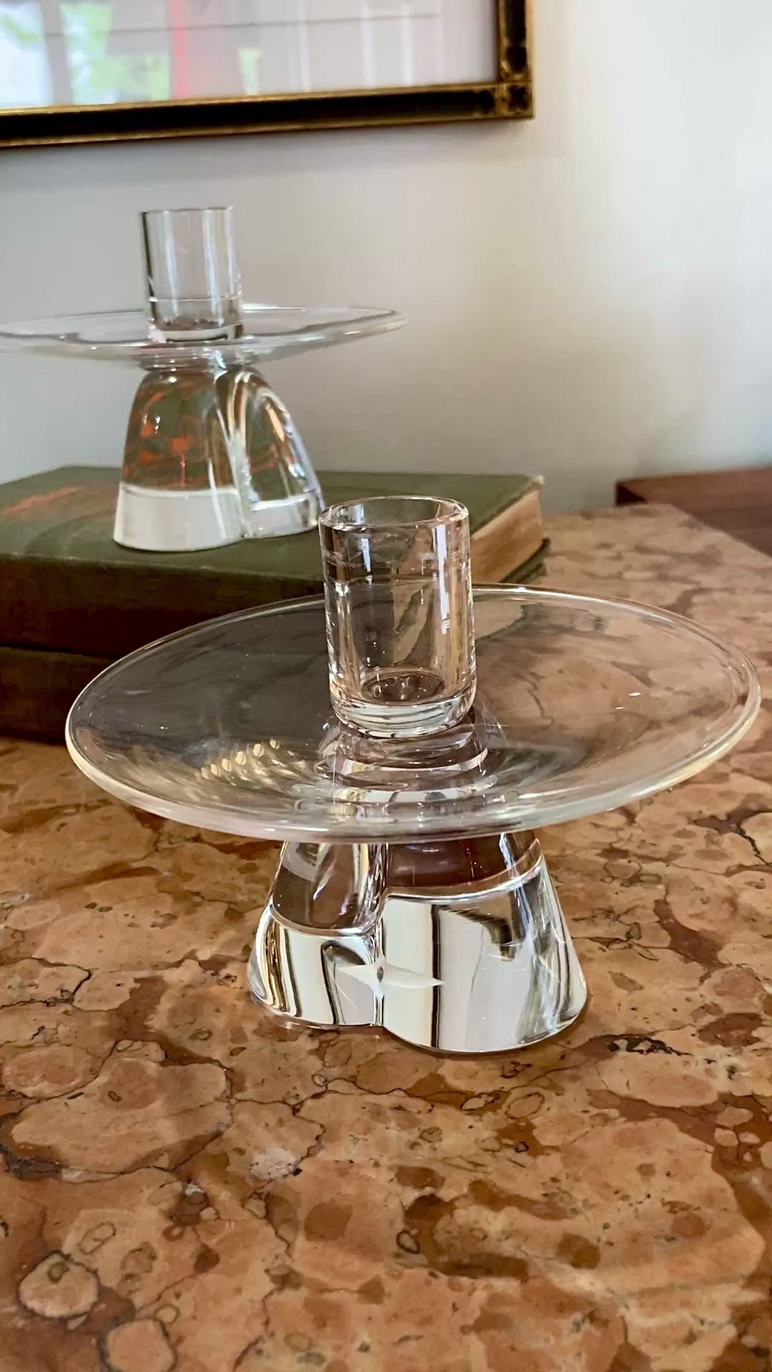 Vintage Pair Steuben MCM Clear Crystal Short Footed Candlesticks