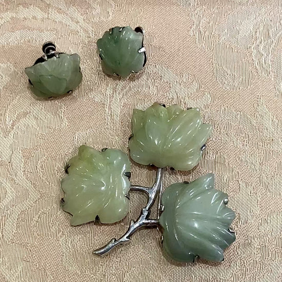 Vintage Mexico Sterling Silver Nephrite Flower Large Brooch Earring Set