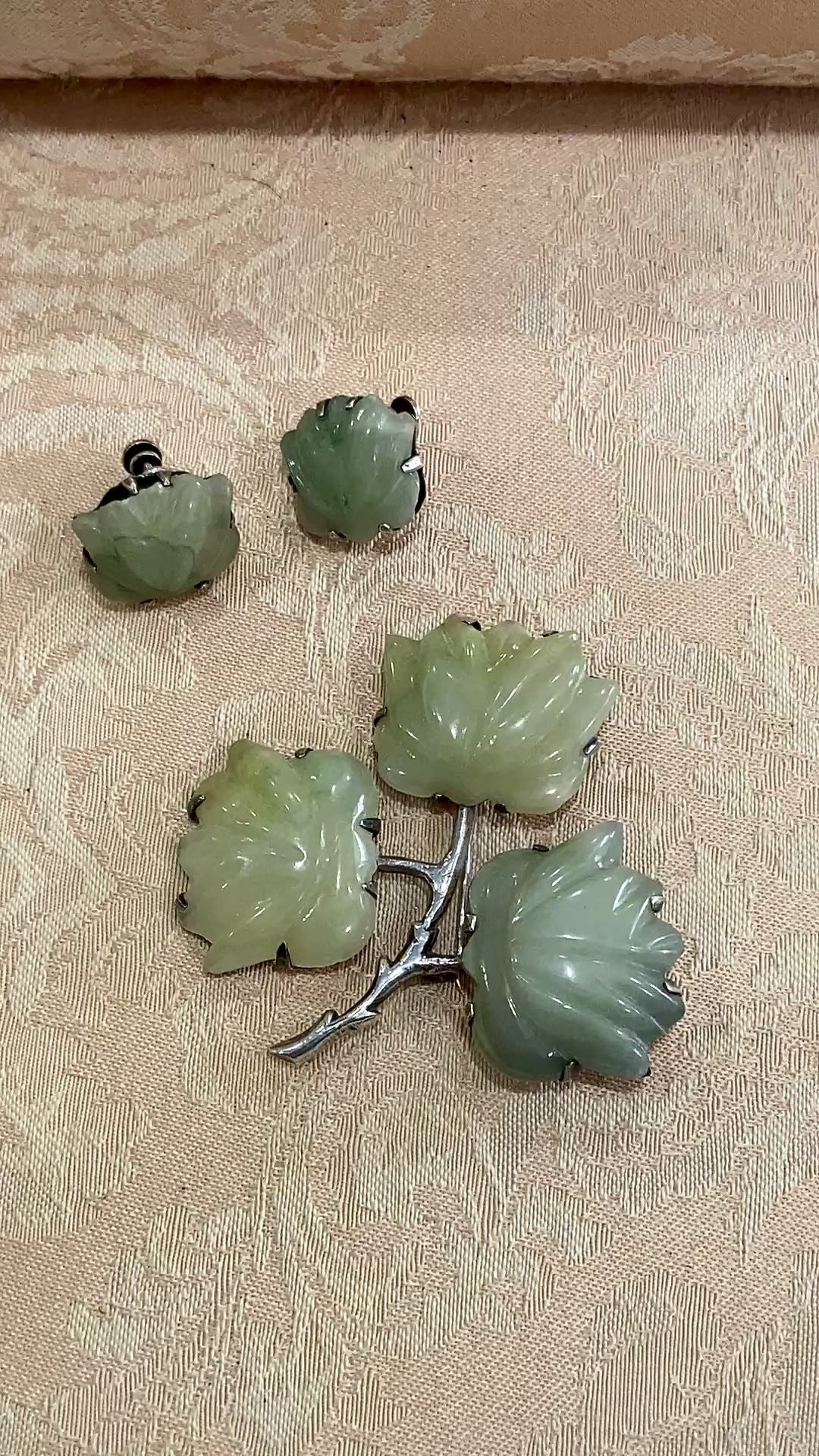 Vintage Mexico Sterling Silver Nephrite Flower Large Brooch Earring Set