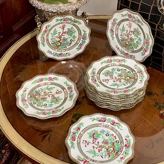 Twelve Antique Coalport England Indian Tree Bone China Luncheon Plates