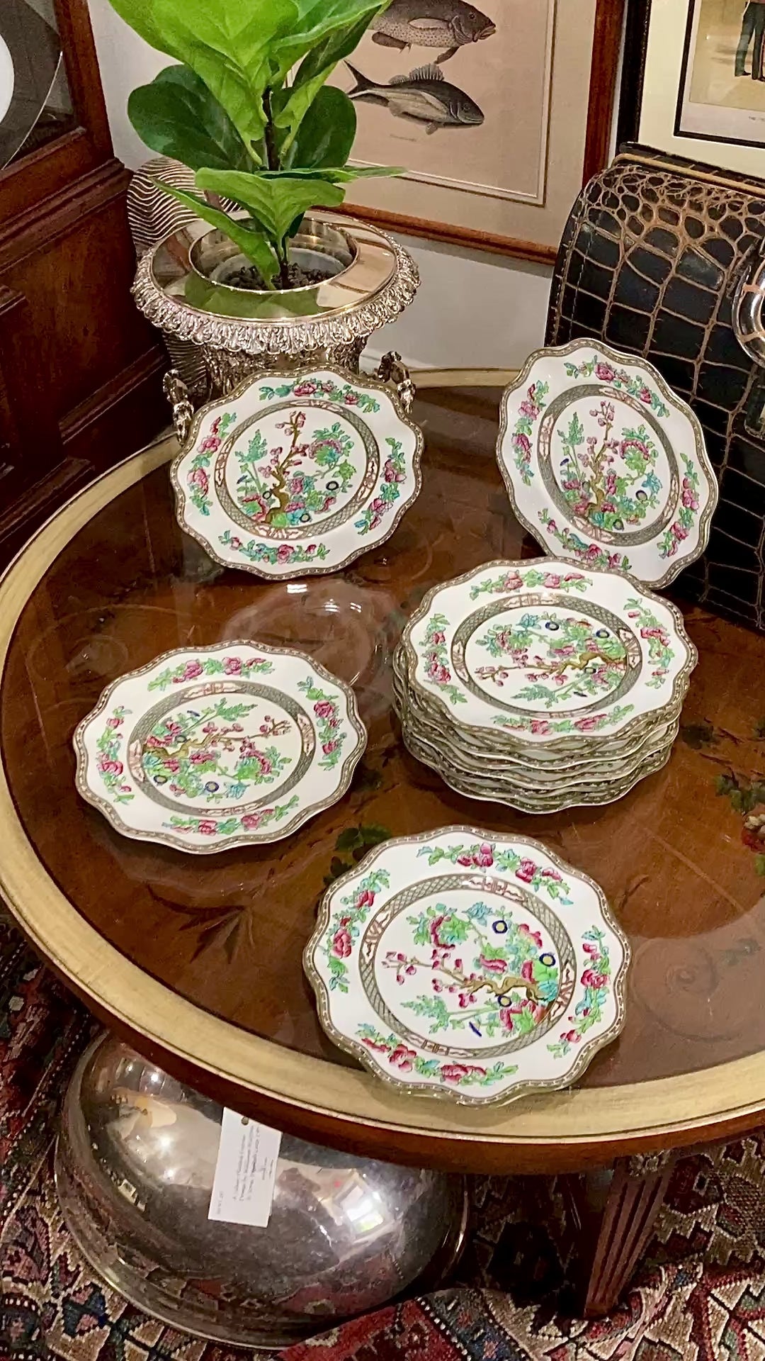 Twelve Antique Coalport England Indian Tree Bone China Luncheon Plates