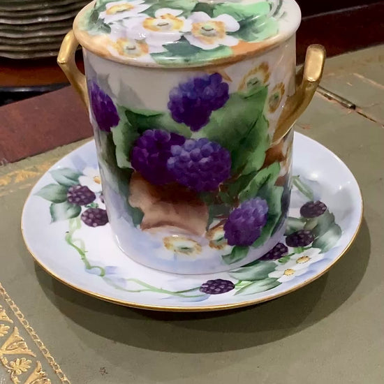 Antique 1900 Limoges France Hand Painted Porcelain Lidded Jam Pot Jar