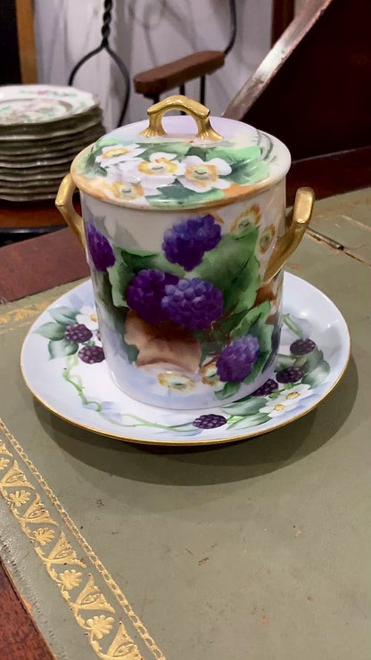 Antique 1900 Limoges France Hand Painted Porcelain Lidded Jam Pot Jar