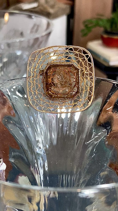 Vintage Topaz Glass Intaglio Relief Classic Cameo Gold Filigree Brooch Pin