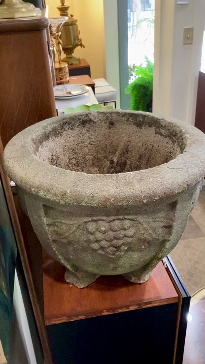 Vintage Grape Motif Weathered Concrete Outdoor Planter Pot