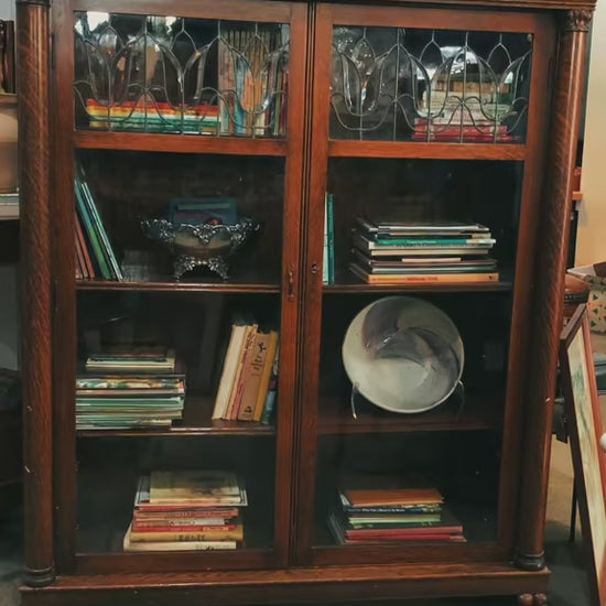 Antique Quarter Sawn Oak Tulip Leaded Beveled Glass Closed Bookcase Cabinet