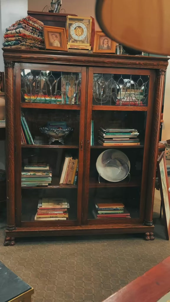 Antique Quarter Sawn Oak Tulip Leaded Beveled Glass Closed Bookcase Cabinet