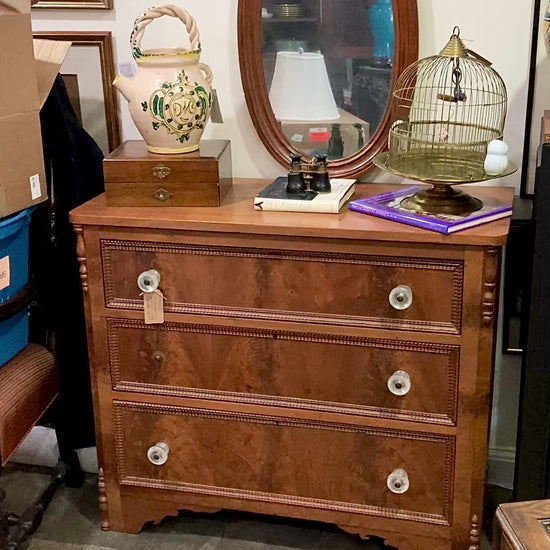 Antique Victorian Mirrored Mahogany Veneer Glass Knob Three Drawer Dresser Chest