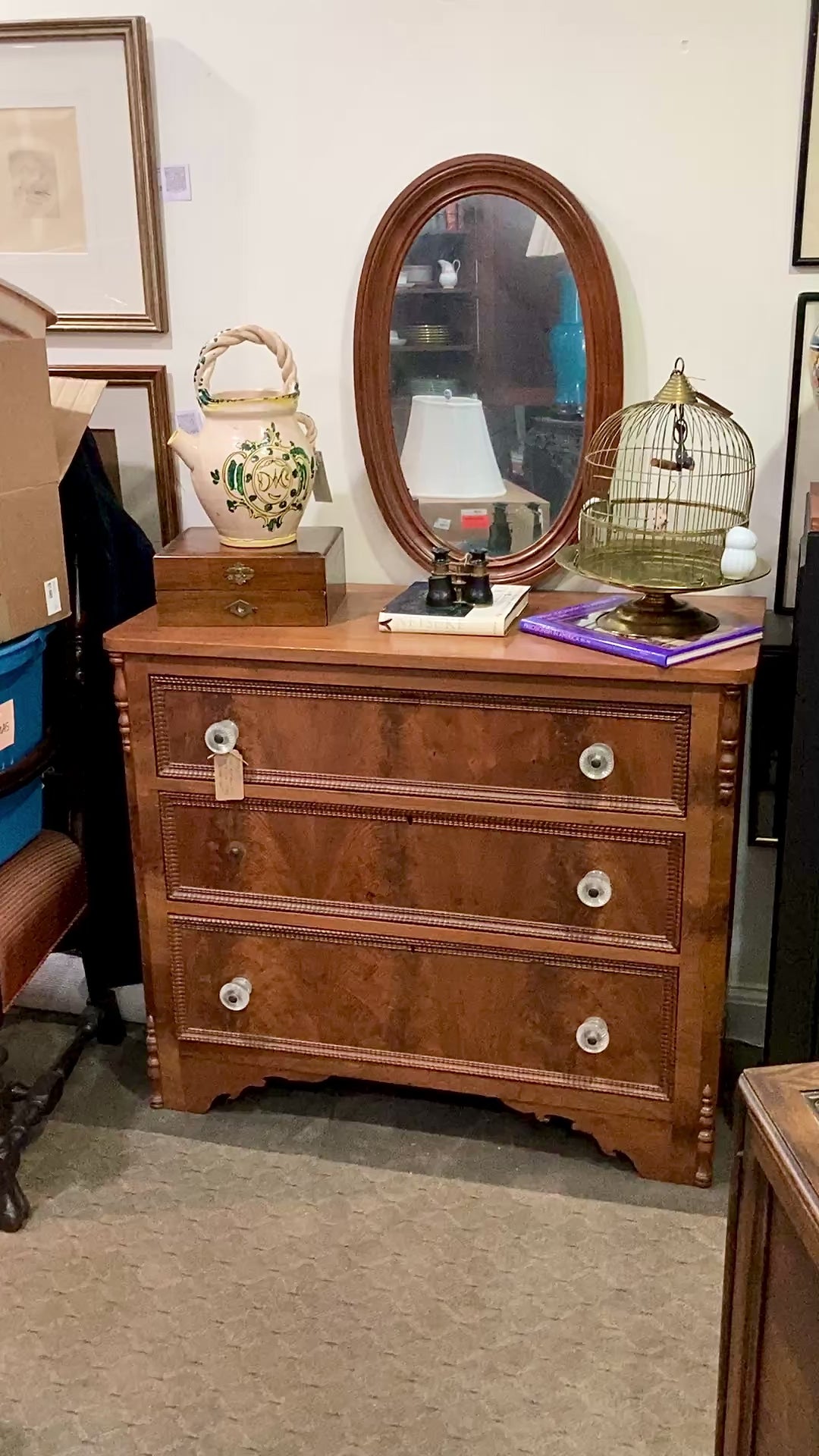 Antique Victorian Mirrored Mahogany Veneer Glass Knob Three Drawer Dresser Chest