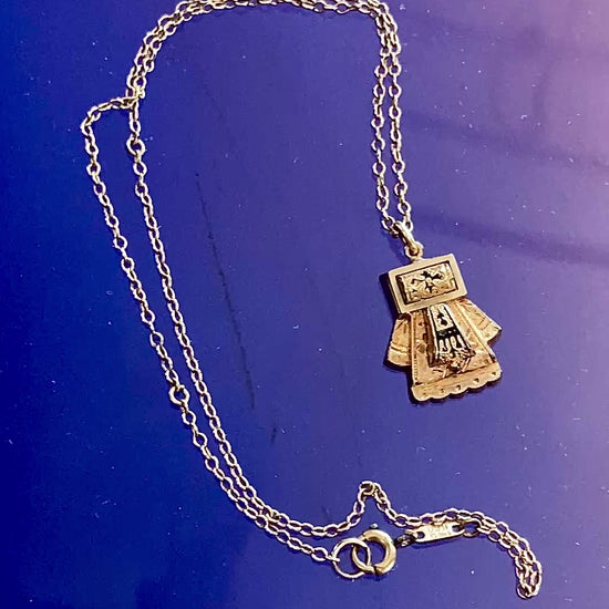 Antique Victorian Gold Filled Engraved Enameled Geometric Pendant Necklace