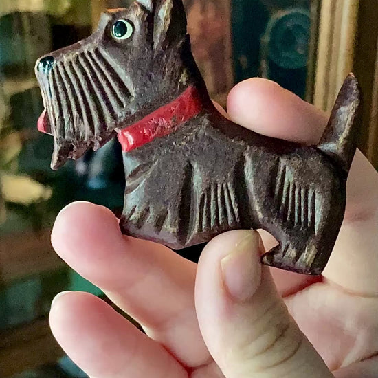 Vintage Hand Carved Painted Wooden Scottie Dog Large Brooch Pin