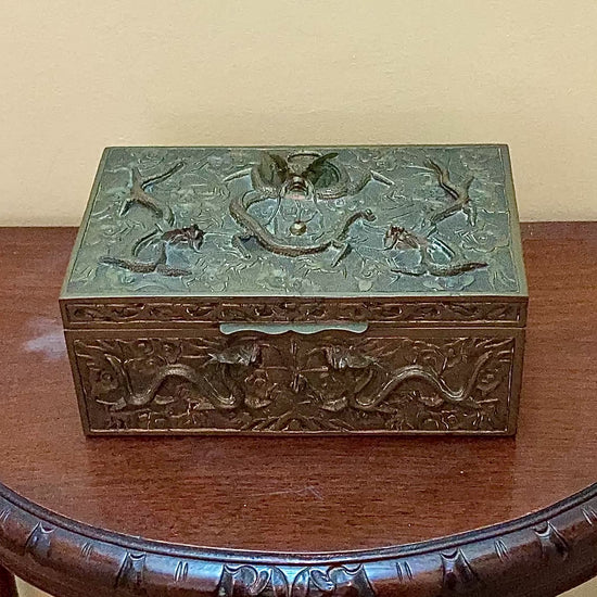 Antique Hand Engraved Sculptural Brass Dragon Wood Lined Cigar Box