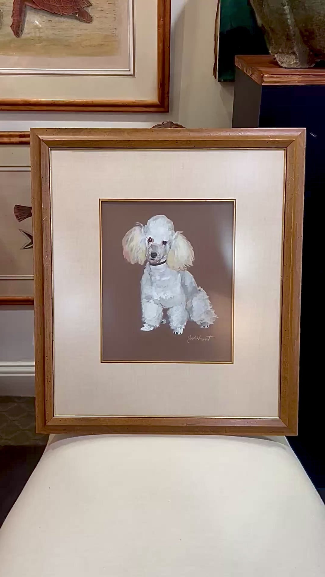Vintage Framed Painting White Poodle II Gouche Paper J.U. Hunt Wall Art