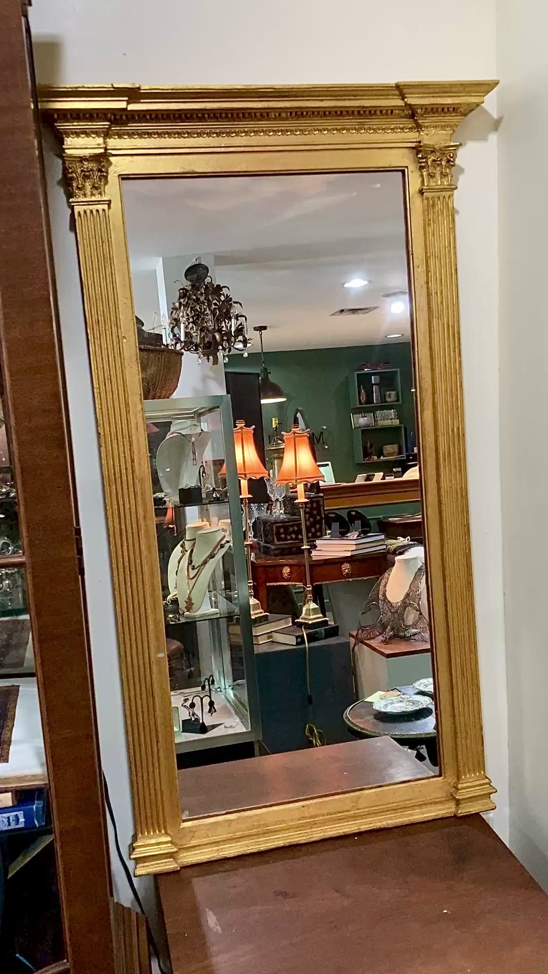 Vintage Neoclassical Style Gilt Gold Column Tall Elongated Wall Mirror