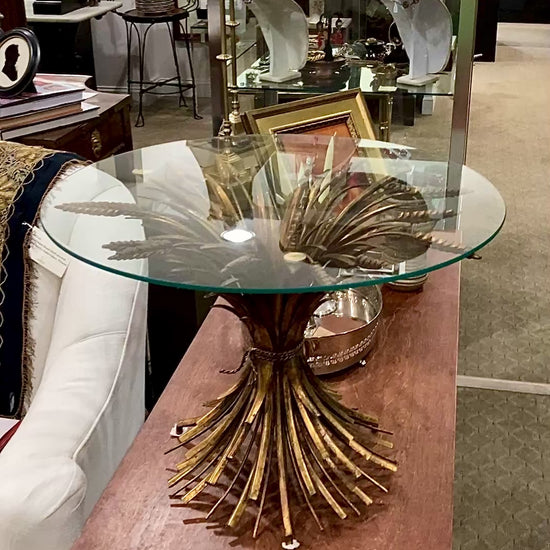 Vintage Italian Hollywood Regency Gold Metal Wheat Sheaf Glass Top Side Table