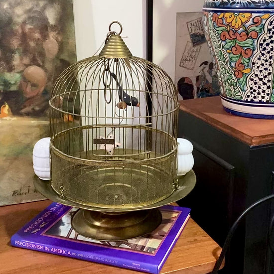 Antique Maxwell Brass Milk Glass Wooden Bird Sculpture Wire Bird Cage