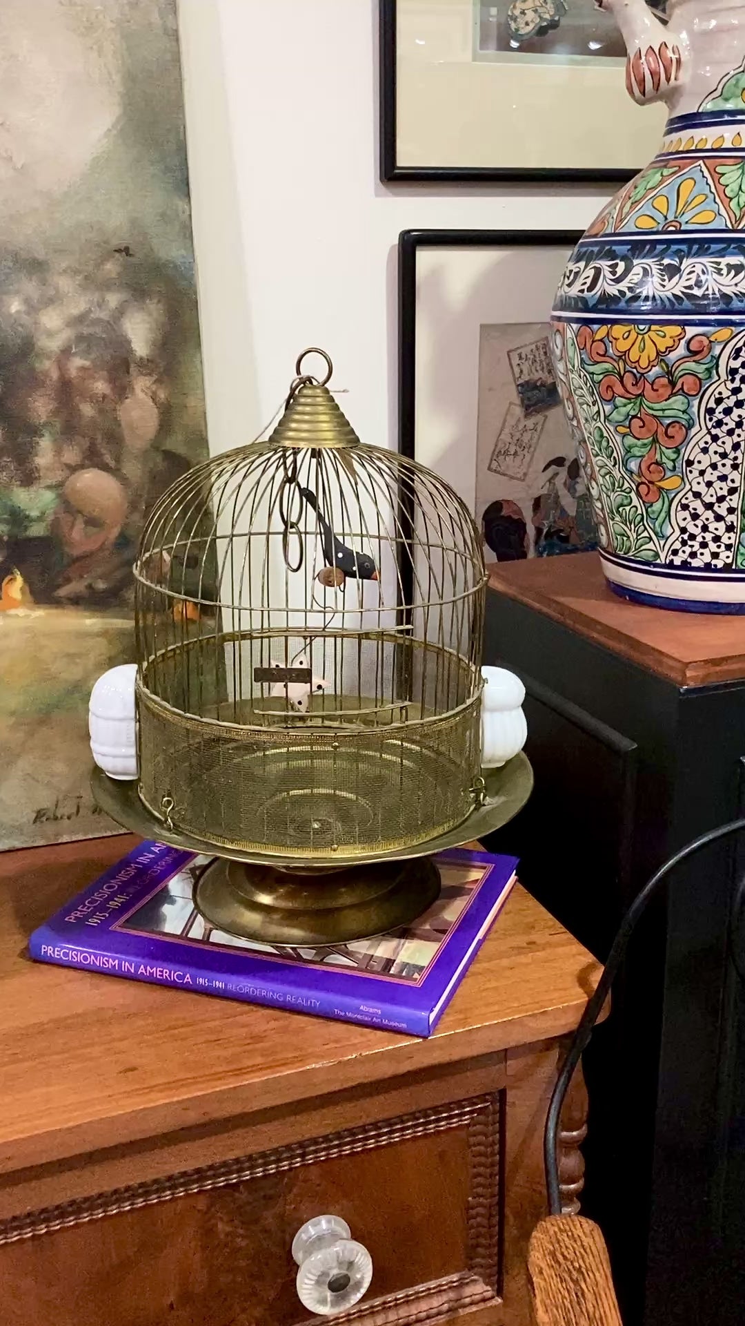 Antique Maxwell Brass Milk Glass Wooden Bird Sculpture Wire Bird Cage