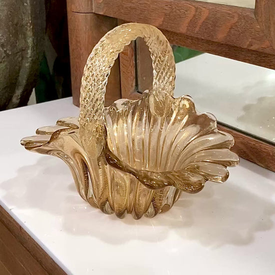 Vintage 1970s Murano Italian Gold Fleck Handblown Glass Basket Bowl