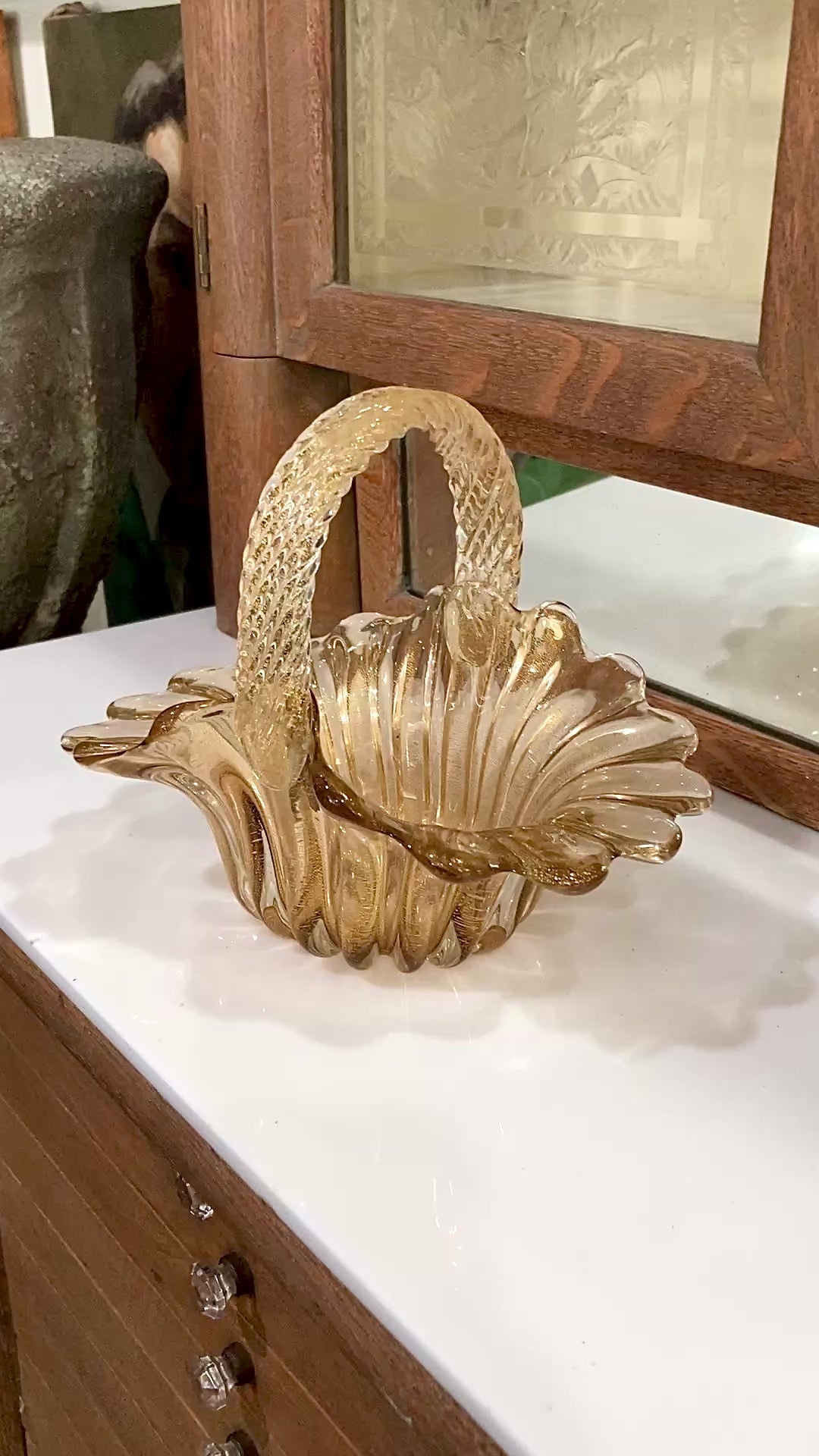 Vintage 1970s Murano Italian Gold Fleck Handblown Glass Basket Bowl