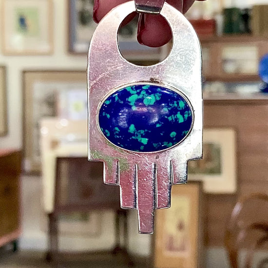 Vintage VHC Sterling Silver Blue Green Azurite Cabochon Abstract Pendant