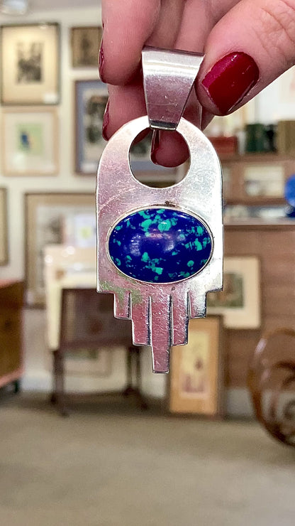Vintage VHC Sterling Silver Blue Green Azurite Cabochon Abstract Pendant