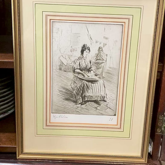 Antique Edgar Chahine Women Doing Laundry Framed Drypoint Etching