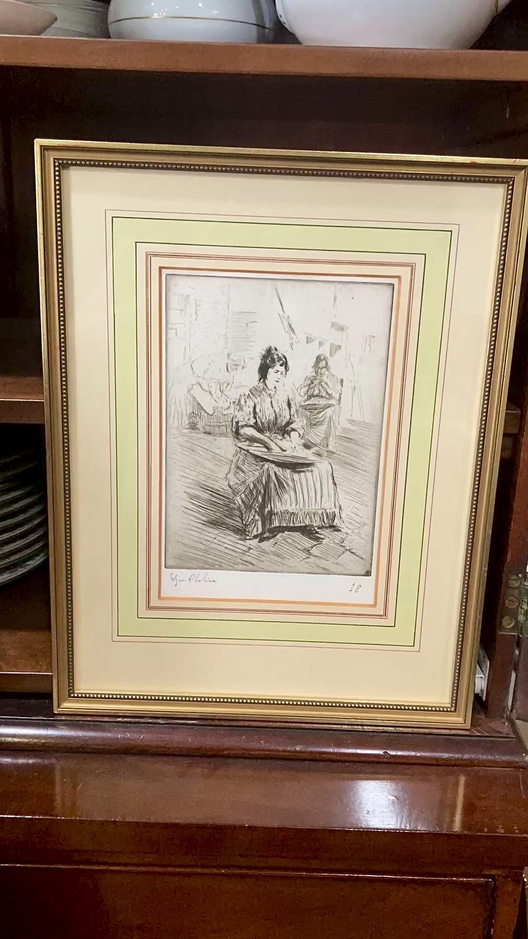 Antique Edgar Chahine Women Doing Laundry Framed Drypoint Etching