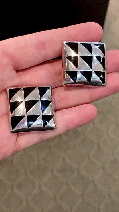 Vintage Abstract Contrast Black Sterling Silver Clip On Statement Earrings