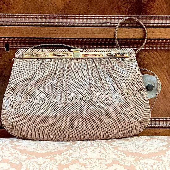 Vintage Judith Leiber Horn Lizard Leather Beige Handbag Clutch Crossbody Purse