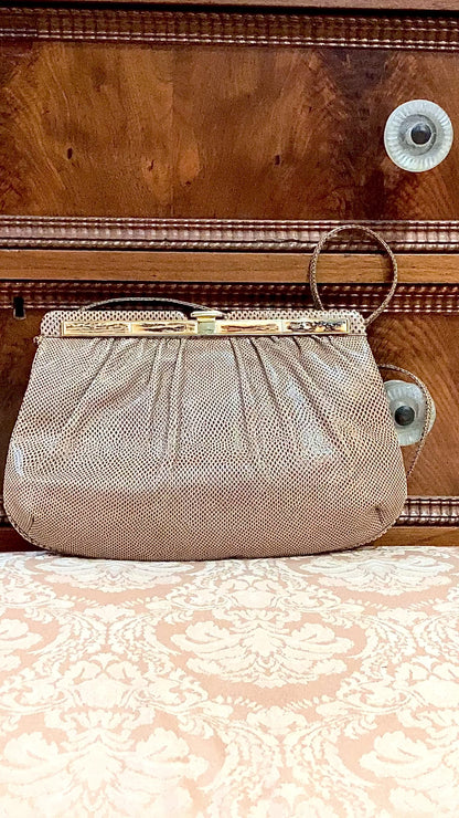 Vintage Judith Leiber Horn Lizard Leather Beige Handbag Clutch Crossbody Purse