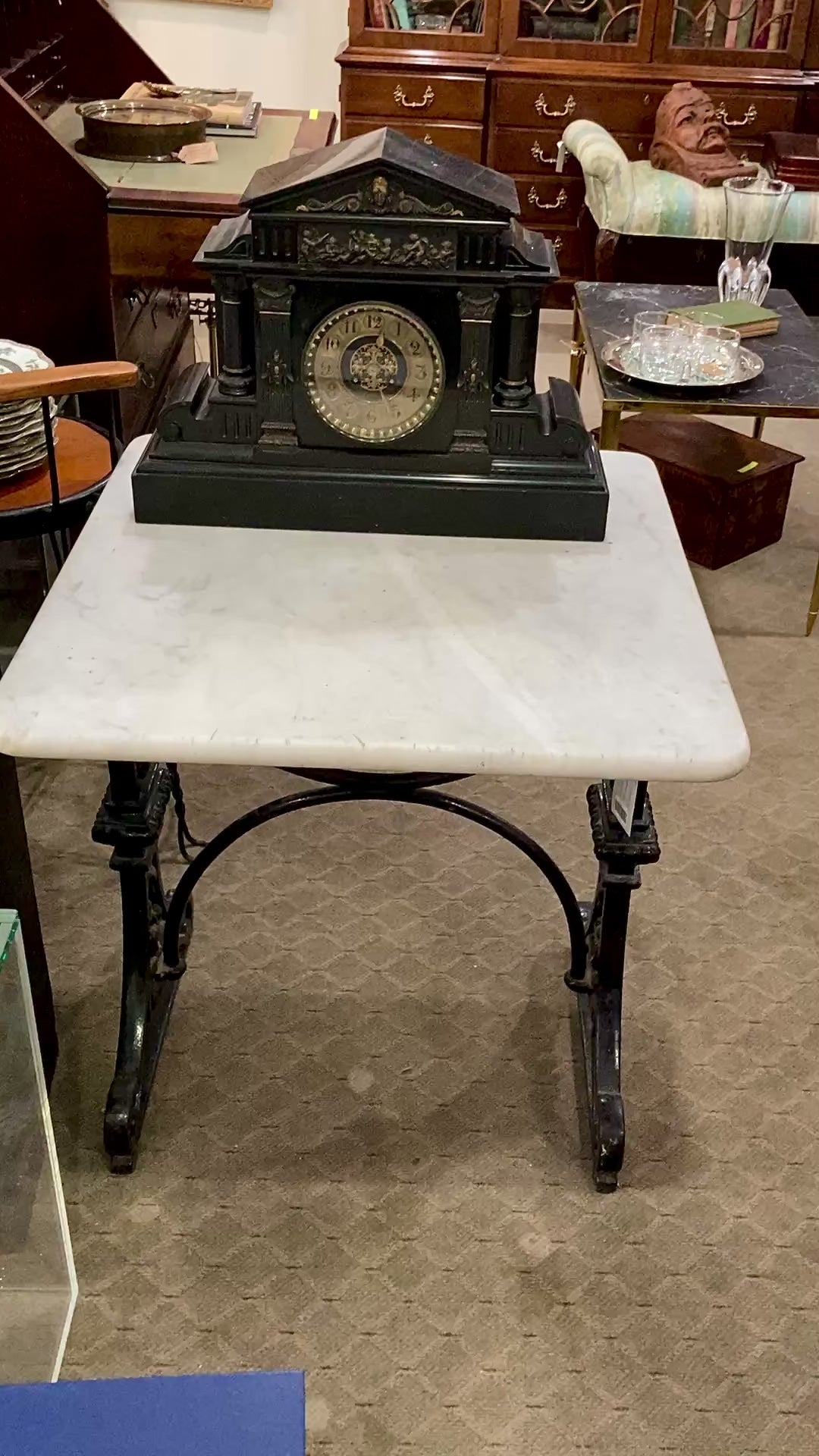 Antique Late 19th Century French Marble Top Iron Legged Square Table