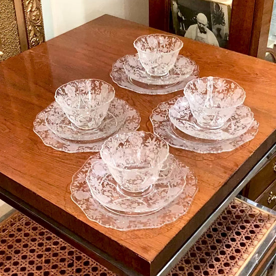 Vintage 3-Piece Four Settings Cambridge Wildflower Etched Glass Cup Saucer Plate Set