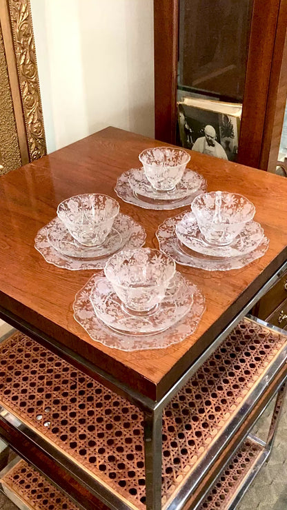 Vintage 3-Piece Four Settings Cambridge Wildflower Etched Glass Cup Saucer Plate Set