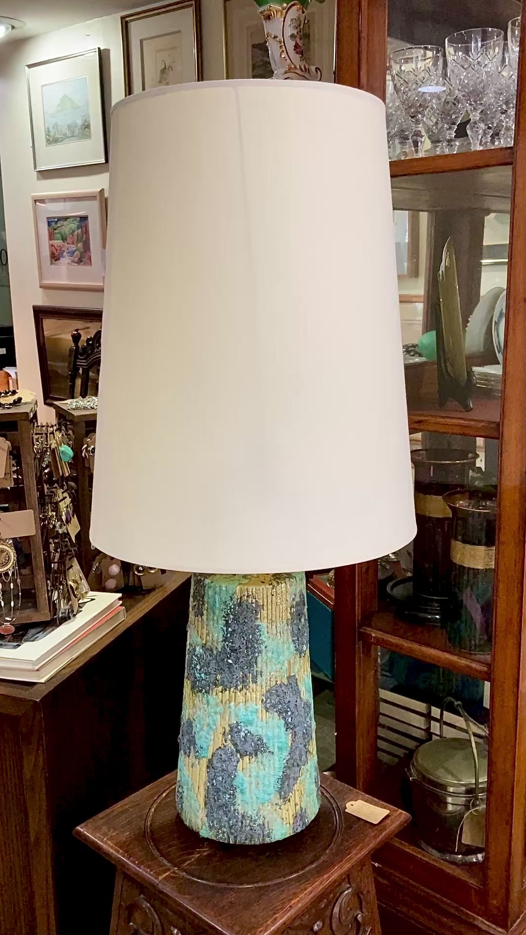 Vintage MCM Turquoise Blue Fantoni Style Lava Glaze Ceramic Table Lamp