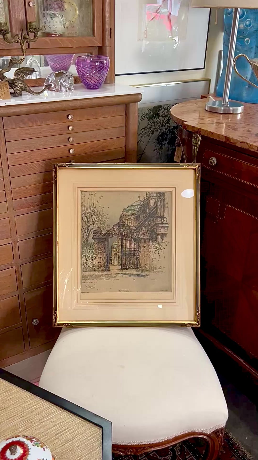 Antique Luigi Kasimir (1881-1967) Vienna Palace Gate Framed Color Etching Print