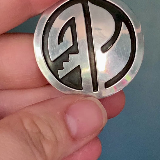 Vintage Oxidized Sterling Silver Hopi Design Circle Pendant Brooch Pin
