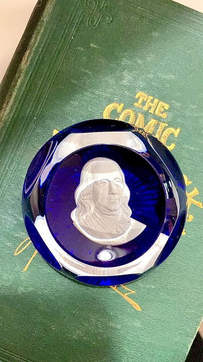 Vintage 1975 Benjamin Franklin Baccarat Franklin Mint Cobalt Glass Paperweight