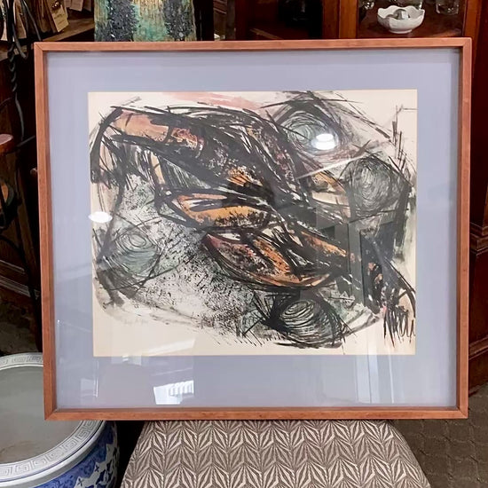 Vintage MCM Gestural Abstract Expressive Mixed Media Framed Paper Drawing