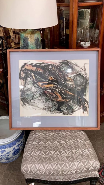 Vintage MCM Gestural Abstract Expressive Mixed Media Framed Paper Drawing
