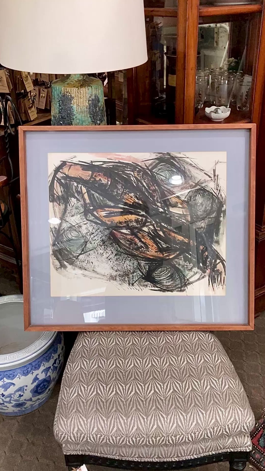 Vintage MCM Gestural Abstract Expressive Mixed Media Framed Paper Drawing
