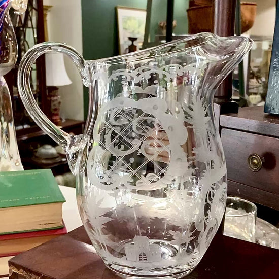 Antique Lobmeyr Style Stag Hunt Motif Etched Clear Glass Pitcher