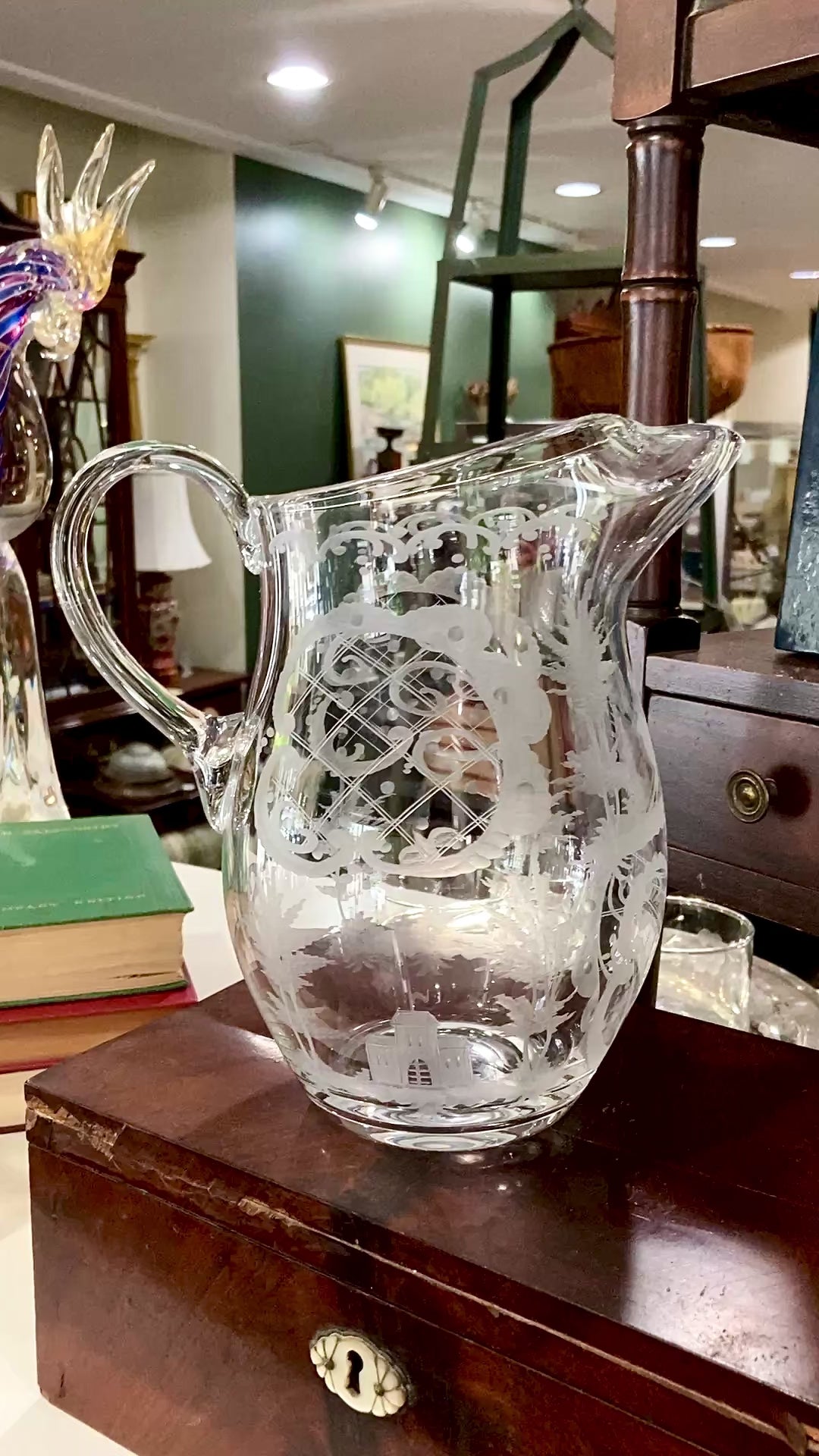 Antique Lobmeyr Style Stag Hunt Motif Etched Clear Glass Pitcher
