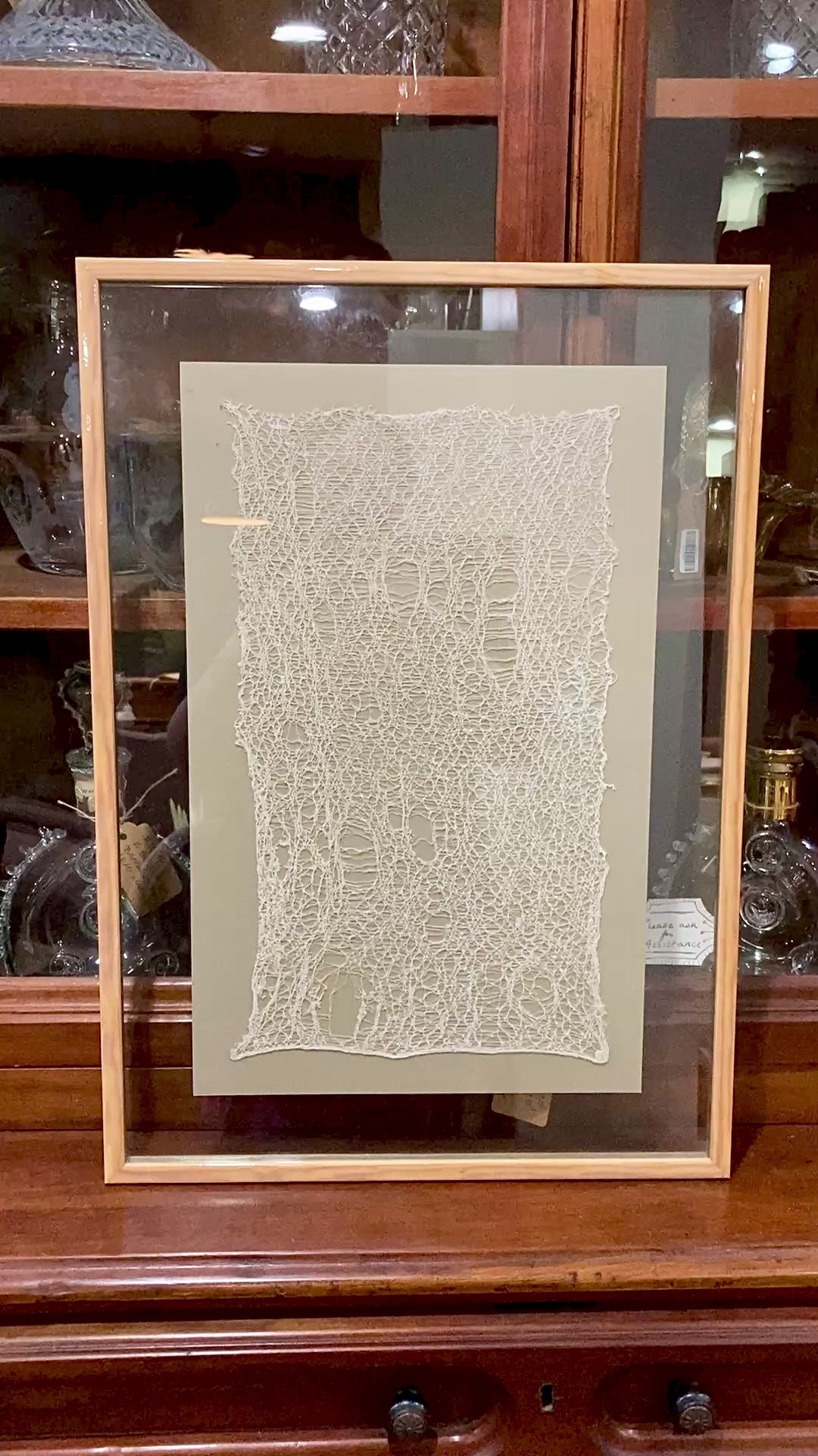 Antique 20th Century Handmade White Lace Panel Framed Fiber Art
