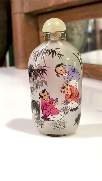 Vintage 1980's Hand Painted Frosted Glass Chinese Perfume Snuff Bottle