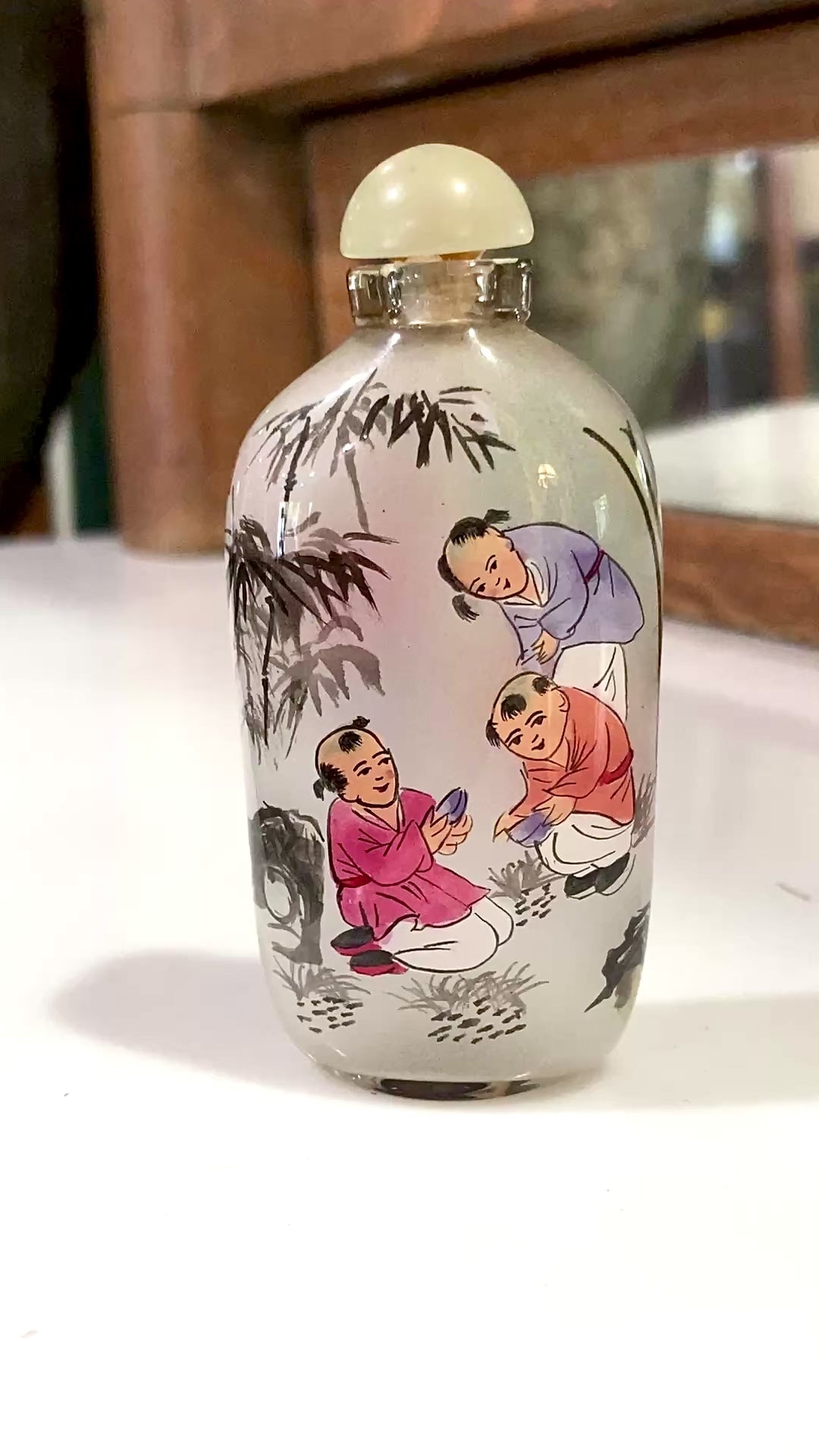 Vintage 1980's Hand Painted Frosted Glass Chinese Perfume Snuff Bottle