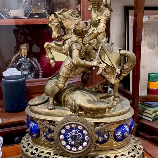 Antique 19th Century Sculptural Knights Hand-Painted Bell Clock