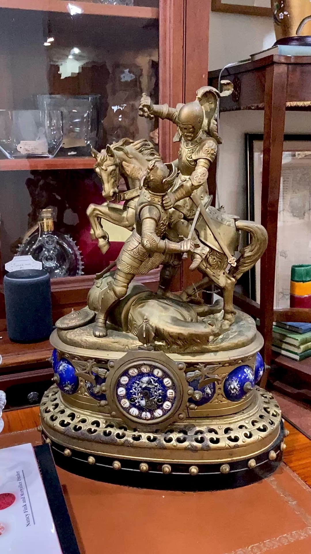 Antique 19th Century Sculptural Knights Hand-Painted Bell Clock