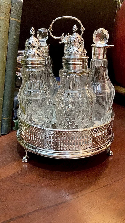 Antique Georgian Robert Makepeace English Sterling Silver Glass Cruet Set