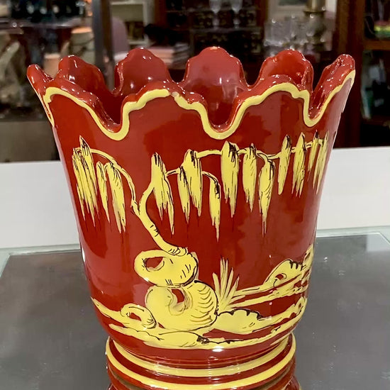 Vintage Italian Hand Painted Red Yellow Tole Cache Style Ceramic Pot