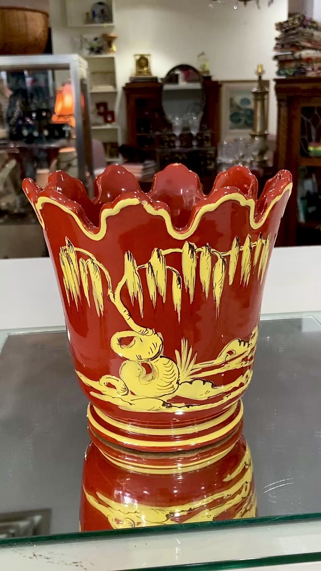 Vintage Italian Hand Painted Red Yellow Tole Cache Style Ceramic Pot